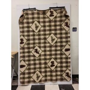 Woolrich Home Vintage Plaid Throw Blanket Moose Pinecone Cabin Lodge 63x48